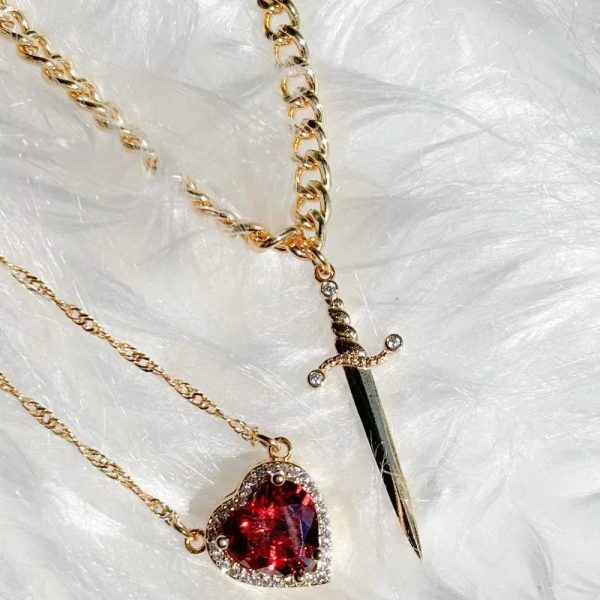 Heart and Sword Zircon Pendant Necklace Set