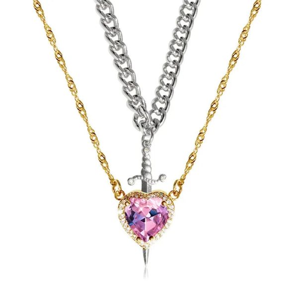 Heart and Sword Zircon Pendant Necklace Set