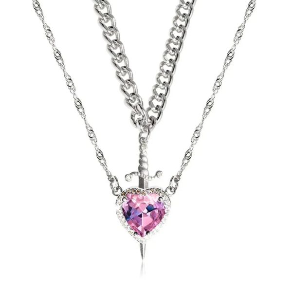 Heart and Sword Zircon Pendant Necklace Set