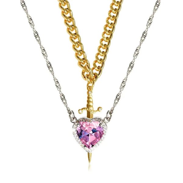 Heart and Sword Zircon Pendant Necklace Set