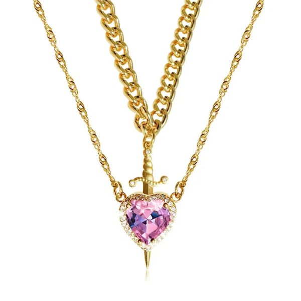 Heart and Sword Zircon Pendant Necklace Set
