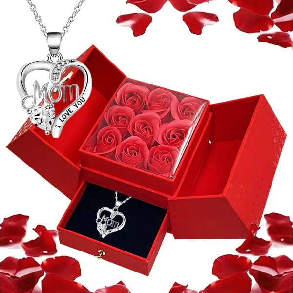 Heart-Shaped Pendant Necklace with Red Rose Gift Box