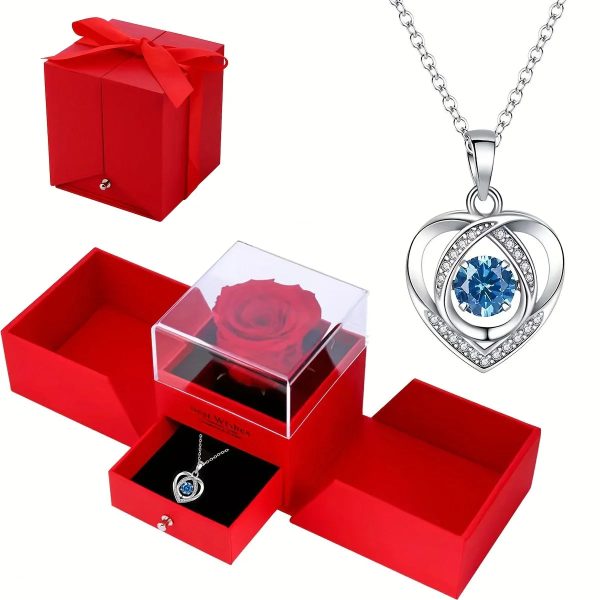 Heart-Shaped Pendant Necklace with Red Rose Gift Box