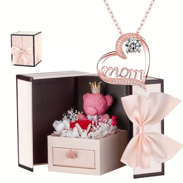 Heartbeat Pendant Necklace with Teddy Bear and Rose Gift Box