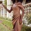 High Split Ruched Off Shoulder Satin Midi Corset Dress - Coffee