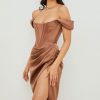 High Split Ruched Off Shoulder Satin Midi Corset Dress - Coffee