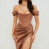 High Split Ruched Off Shoulder Satin Midi Corset Dress - Coffee