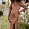 High Split Ruched Off Shoulder Satin Midi Corset Dress - Coffee