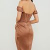 High Split Ruched Off Shoulder Satin Midi Corset Dress - Coffee