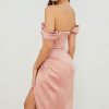 High Split Ruched Off Shoulder Satin Midi Corset Dress - Pink