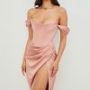High Split Ruched Off Shoulder Satin Midi Corset Dress - Pink