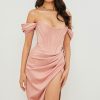 High Split Ruched Off Shoulder Satin Midi Corset Dress - Pink