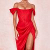 High Split Ruched Off Shoulder Satin Midi Corset Dress - Red