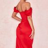 High Split Ruched Off Shoulder Satin Midi Corset Dress - Red