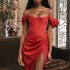 High Split Ruched Off Shoulder Satin Midi Corset Dress - Red