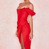 High Split Ruched Off Shoulder Satin Midi Corset Dress - Red