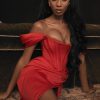 High Split Ruched Off Shoulder Satin Midi Corset Dress - Red