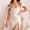 High Split Ruched Off Shoulder Satin Midi Corset Dress - White