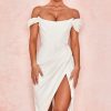 High Split Ruched Off Shoulder Satin Midi Corset Dress - White