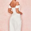 High Split Ruched Off Shoulder Satin Midi Corset Dress - White