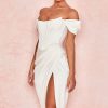 High Split Ruched Off Shoulder Satin Midi Corset Dress - White
