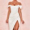 High Split Ruched Off Shoulder Satin Midi Corset Dress - White