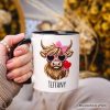 Highland Cow Faux-Yarn Valentine Personalized Mug, Cute Knit Coquette Gift with Custom Name