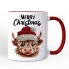 Highland Cow Santa Hat Christmas Personalized Mug, Imitation Latch Hook Yarn Cozy Gift with Custom Name