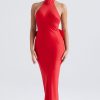 Holiday Oversized Bowknot Backless Halter Satin Evening Maxi Dress - Red