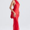 Holiday Oversized Bowknot Backless Halter Satin Evening Maxi Dress - Red