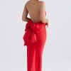 Holiday Oversized Bowknot Backless Halter Satin Evening Maxi Dress - Red