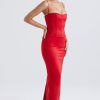 Holiday Sweetheart Corset Cami Sleeveless Satin Evening Maxi Dress - Red