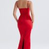 Holiday Sweetheart Corset Cami Sleeveless Satin Evening Maxi Dress - Red