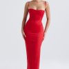 Holiday Sweetheart Corset Cami Sleeveless Satin Evening Maxi Dress - Red