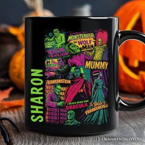 Horror Comic Classic Monsters Personalized Mug, Vintage Scary Halloween Gift with Custom Name