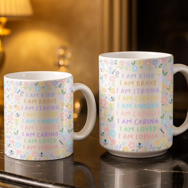I Am Kind, I Am Brave, Encouraging Floral Design - Personalized Custom Coffee Mug - KID235_MG
