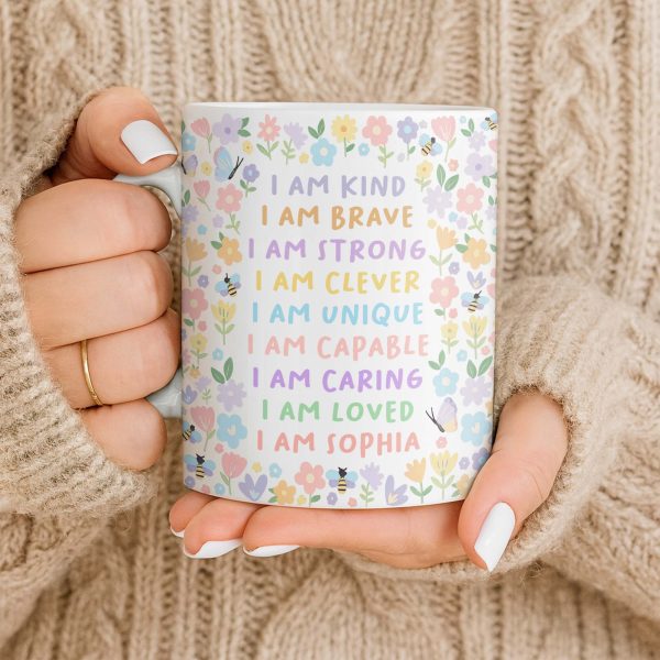 I Am Kind, I Am Brave, Encouraging Floral Design - Personalized Custom Coffee Mug - KID235_MG