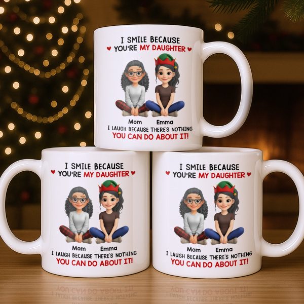 I Smile Because You're My Daughter, Cartoon Figures and Christmas Sweaters - Personalized Custom Coffee Mug - FAM770_MG