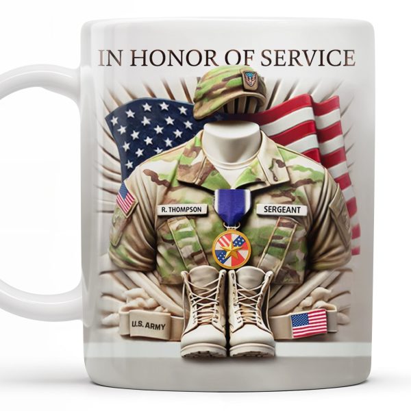 In Honor Of Service, Military Uniform and U.S. Flag - Personalized Custom Coffee Mug - GRAD280_MG
