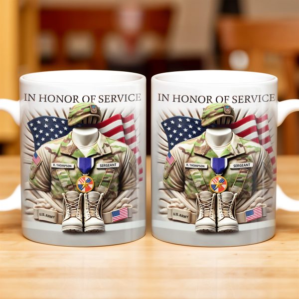In Honor Of Service, Military Uniform and U.S. Flag - Personalized Custom Coffee Mug - GRAD280_MG