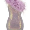 Iridescent Sequin One Shoulder Feather Trim Party Midi Dress - Lilac