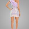 Iridescent Sequin One Shoulder Feather Trim Party Midi Dress - Lilac
