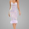 Iridescent Sequin Sweetheart Strapless Feather Cocktail Midi Dress - Lilac
