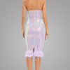 Iridescent Sequin Sweetheart Strapless Feather Cocktail Midi Dress - Lilac