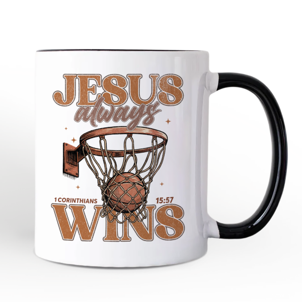 Jesus Always Wins Christian Basketball Personalized Mug, Retro Motivational Bible Verse Gift with Custom Name