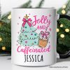 Jolly and Caffeinated Christmas Personalized Mug, Retro Coquette Coffee Holiday Gift with Custom Name