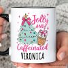 Jolly and Caffeinated Christmas Personalized Mug, Retro Coquette Coffee Holiday Gift with Custom Name