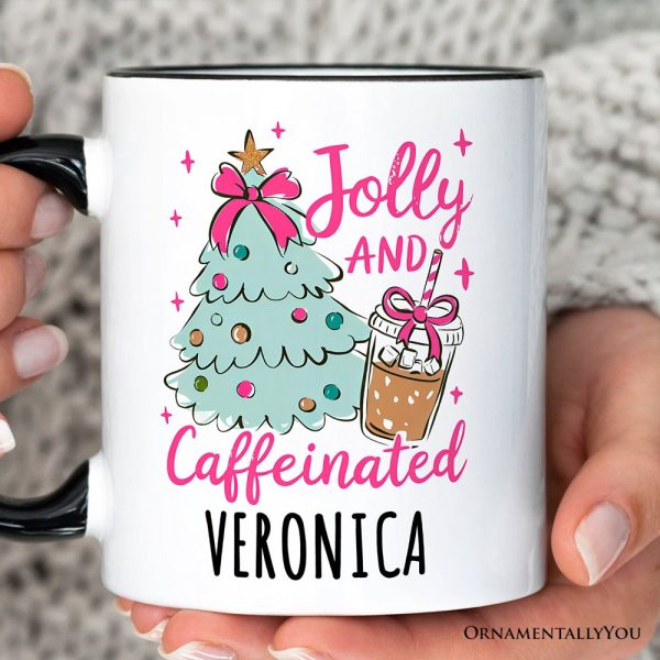 Jolly and Caffeinated Christmas Personalized Mug, Retro Coquette Coffee Holiday Gift with Custom Name