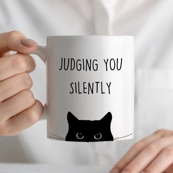 Judging You Silently Coffee Mug Funny Black Cat Lover Gift for Cat Mom Dad Women Men, Cat Lover Birthday Gift