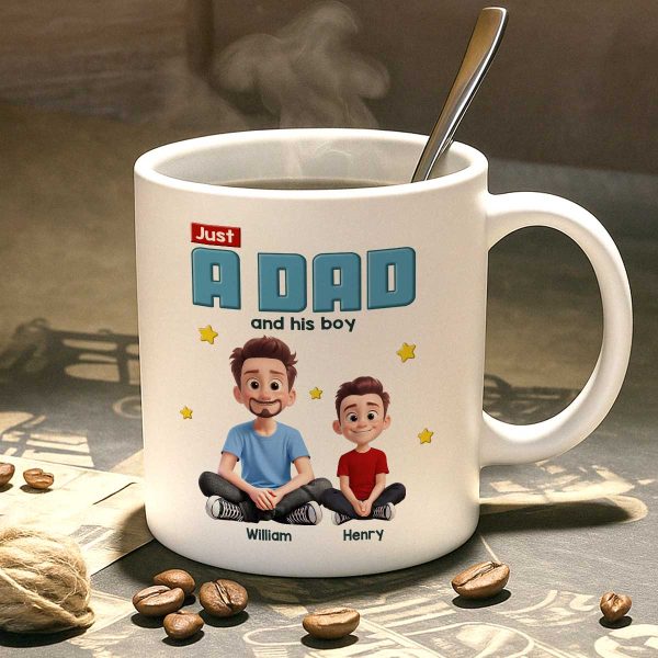 Just A Dad And His Kids Cartoon Funny Style Personalized Mug, Unique 2025 Father's Day Gift For Dad